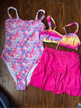 Bright Hot Pink floral bathing suit extra top and bathing skort pink bikini top